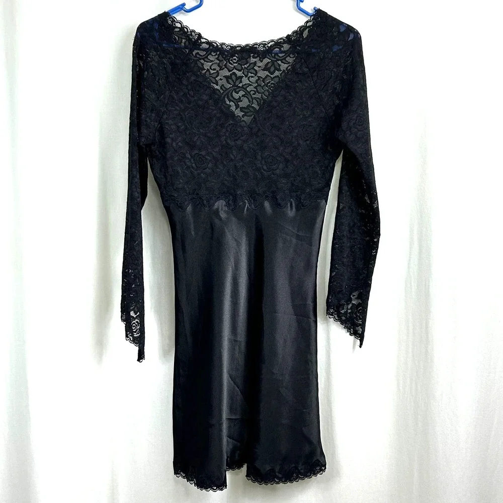 Jones New York Black Floral Lace Satin Slip Dress‎ Lingerie Women's Size S